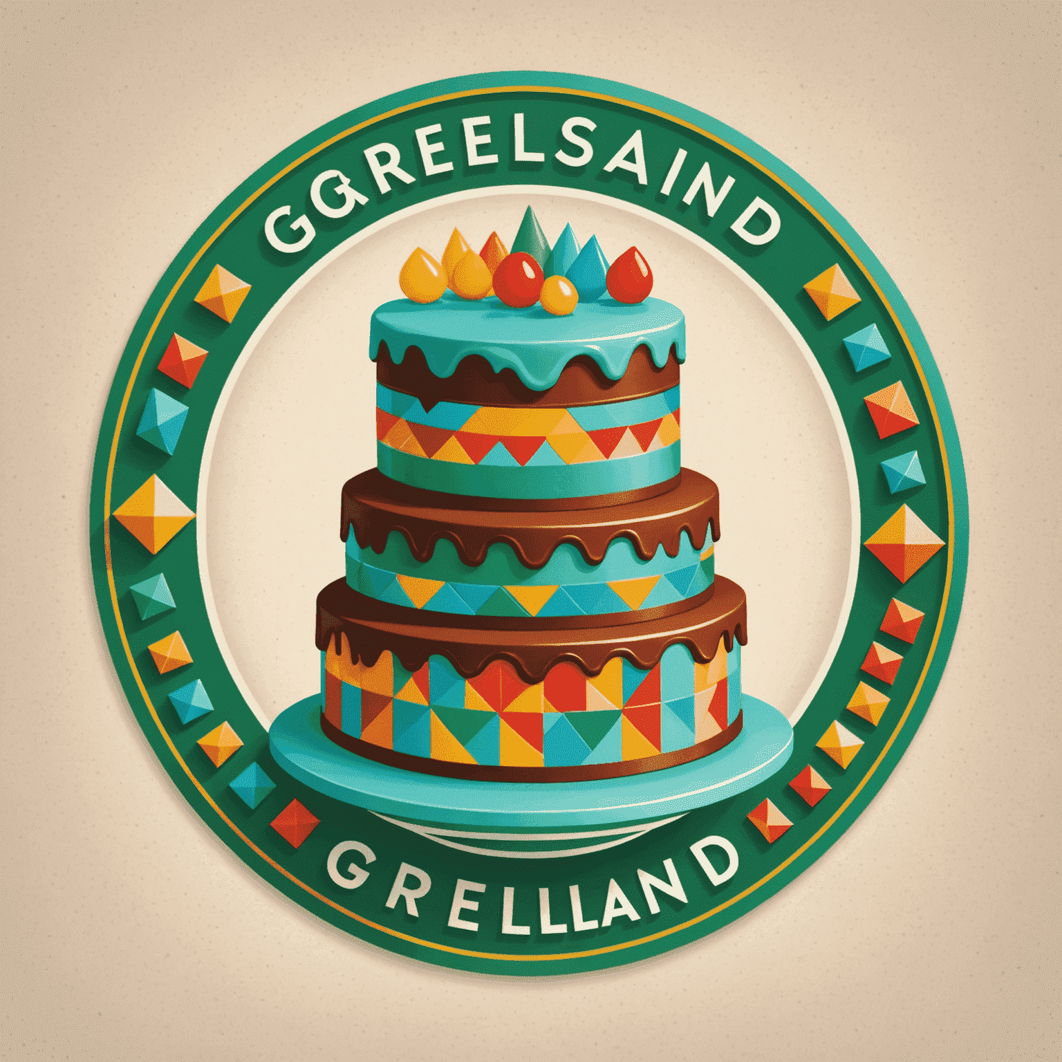 Greemsland logo featuring a stylized cake with colorful geometric patterns