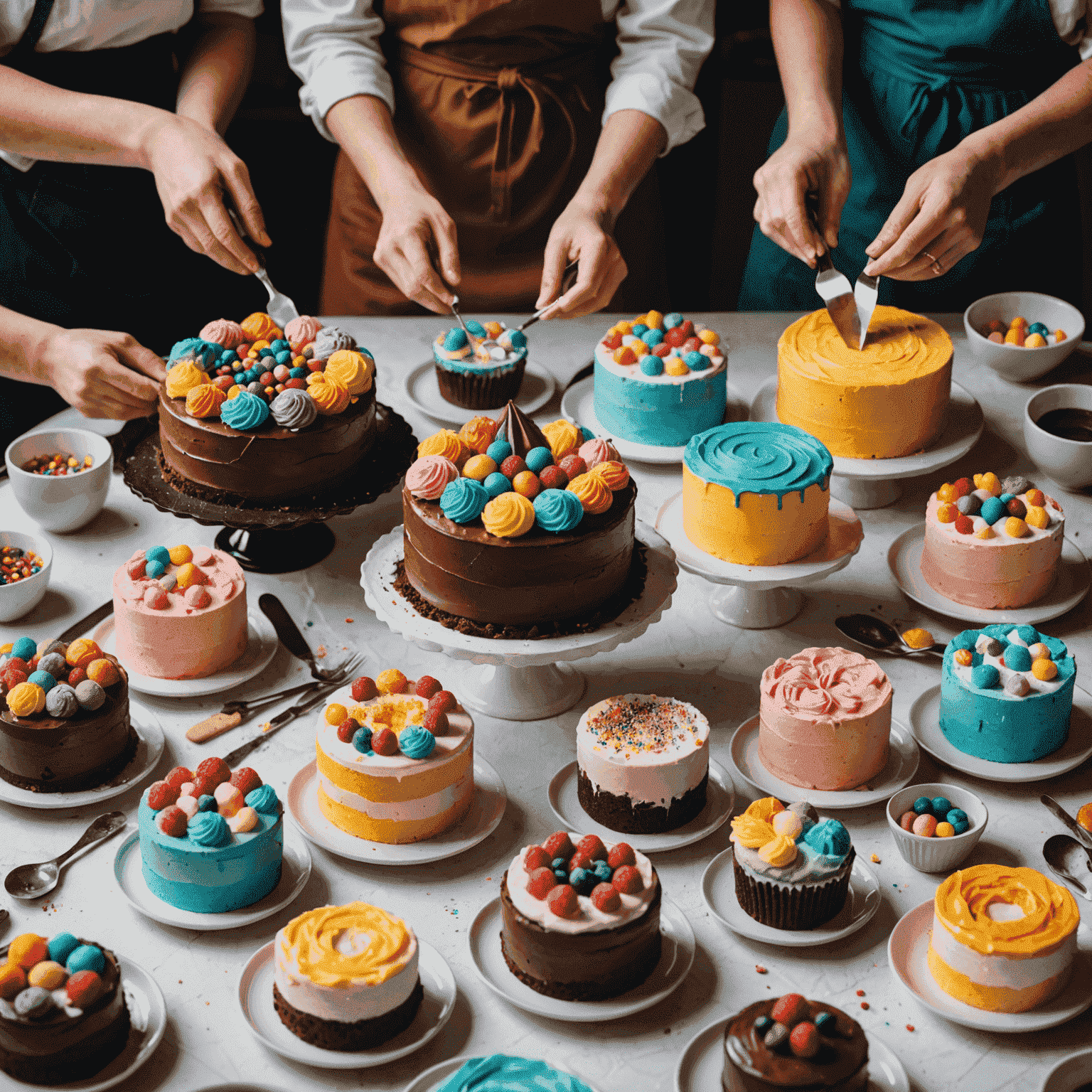 A group of people decorating cakes with colorful frostings and fondants. The image shows various cake decorating tools and techniques being used.