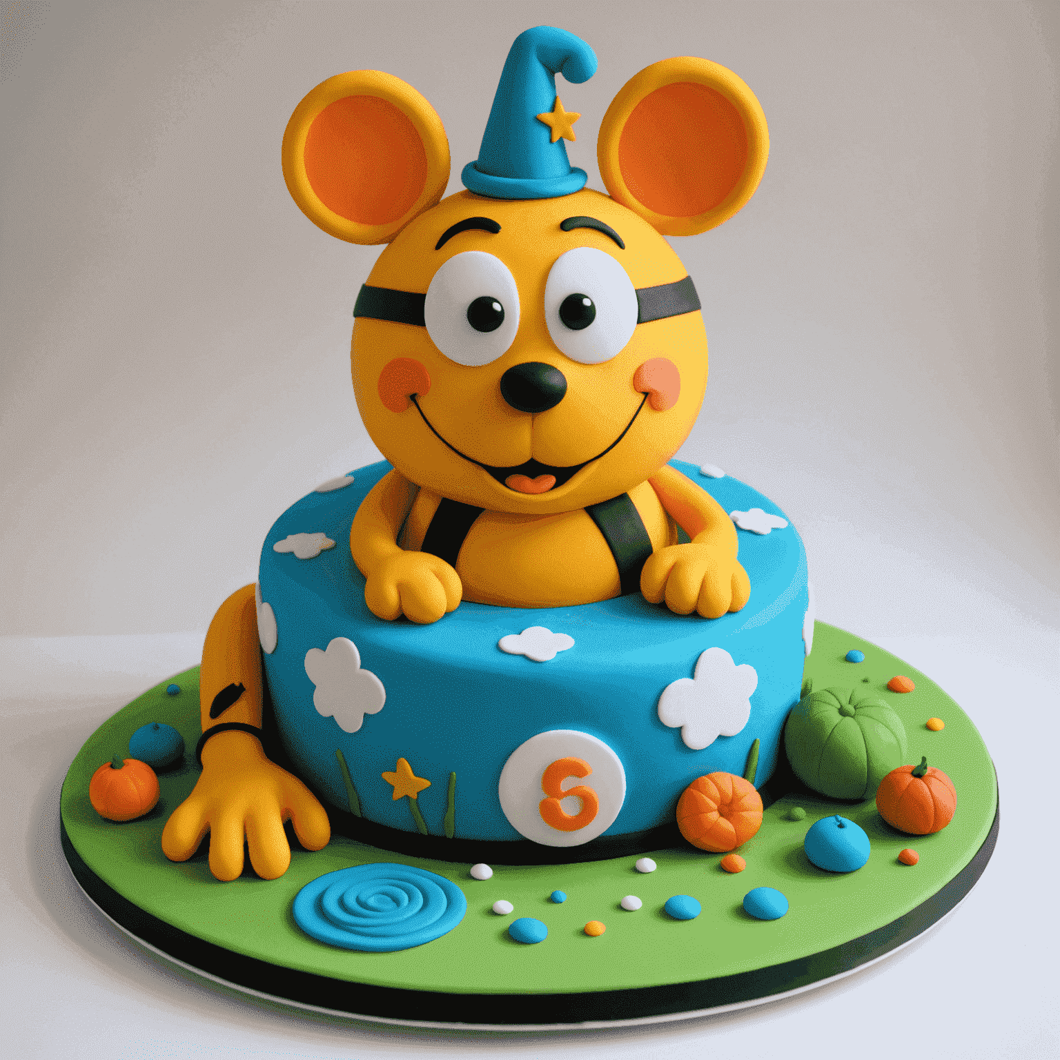 A whimsical themed cake shaped like a cartoon character, with bright fondant details and edible decorations